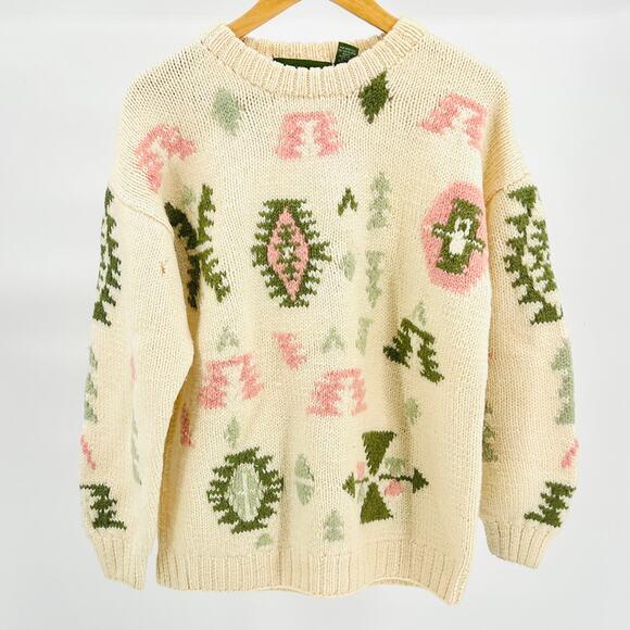 Vintage 80s Outback Red Cream Wool Heavy Knit Geometric Pastel Sweater - Picture 1 of 8